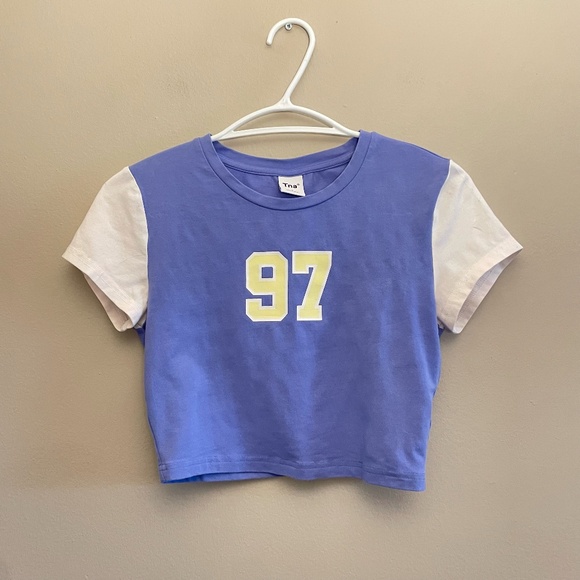 TNA Blue & White Cropped Baby Tee with Varsity Numbers - Picture 1 of 9